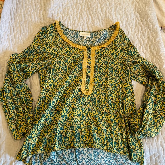 ModCloth size small yellow and teal floral print long sleeve blouse - Picture 2 of 3